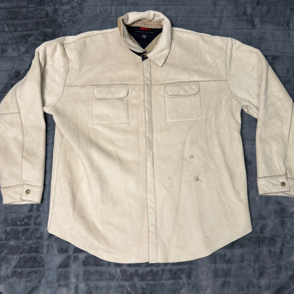 Tommy Hilfiger Mens XXL Faux Suede Sherpa Lined Shirt Jacket Tan Shacket Snap